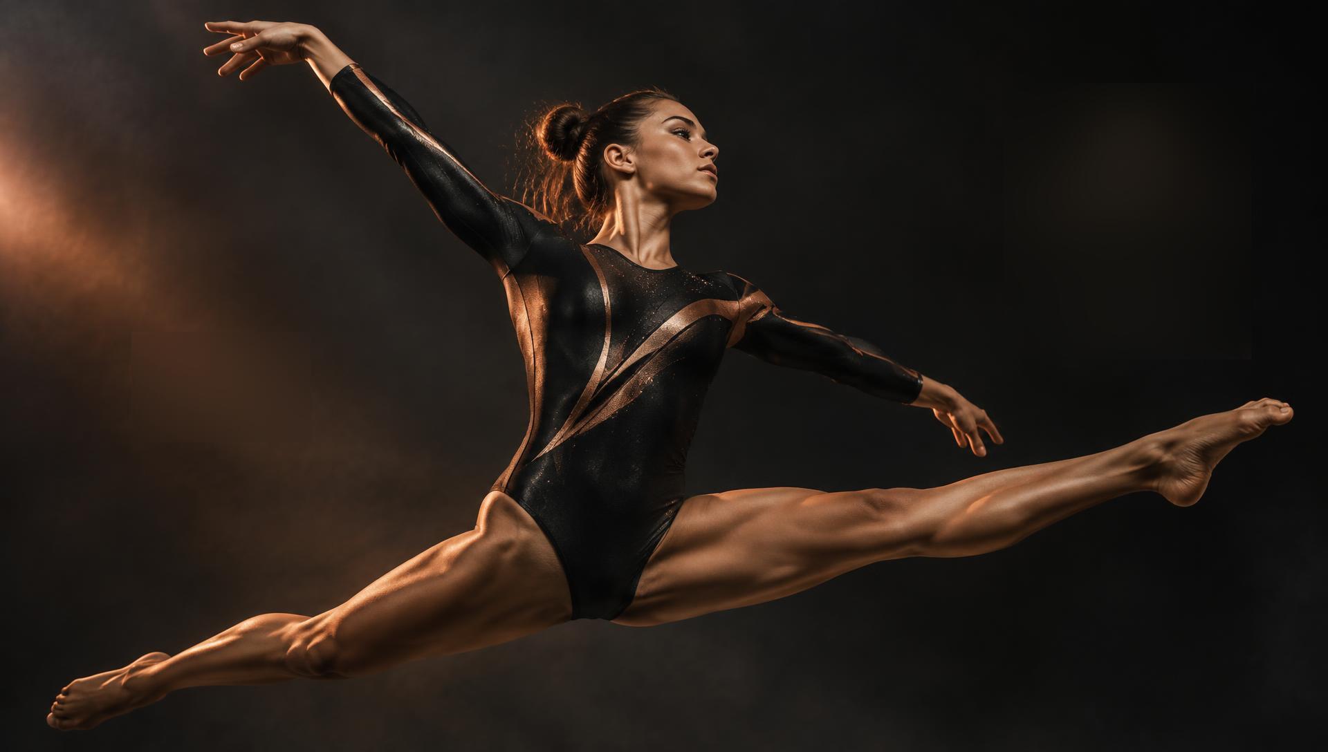 Gymnast mid-leap in a Flipshine leotard